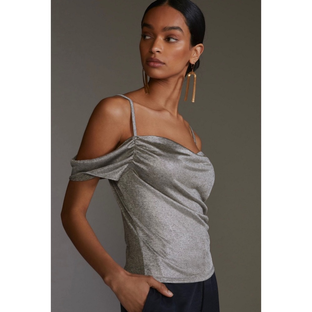 ANTHROPOLOGIE Metallic Shimmer Silver Cowl Neck Top